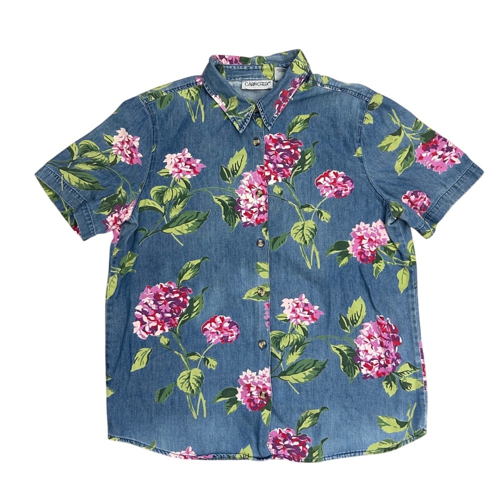 Vtg Floral Denim Shirt L Pink Hydrangea Short Sleeve Chambray granny cottage